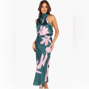 Floral Halter Neck Maxi Dress - Green and Pink